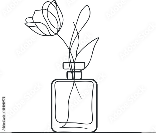 Minimalist line art illustration of a tulip in a vase for modern home decor. Black on transparent background.