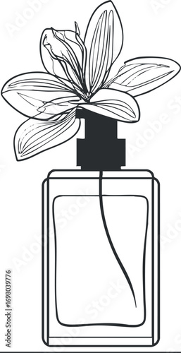 A minimalist illustration of a perfume bottle with a flower design on top. Black on transparent background.