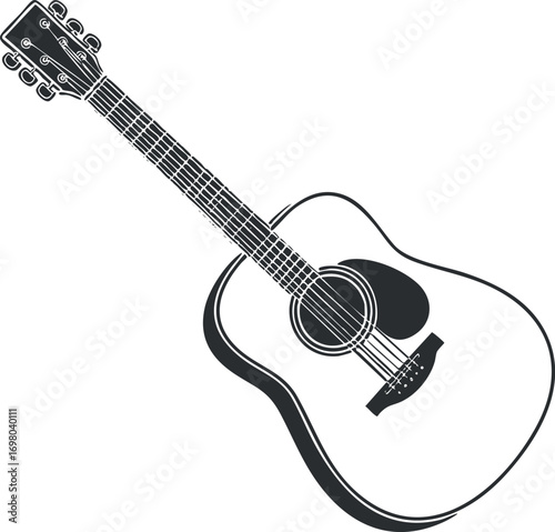 Illustration of an acoustic guitar showcasing its body and neck design for musical themes. Black on transparent background.