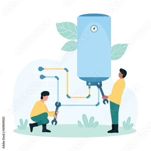 Water heater repair service vector illustration. Cartoon tiny engineers and plumbers with wrench fixing leakage of broken plumbing, people check pipe and heating tank in residential home system