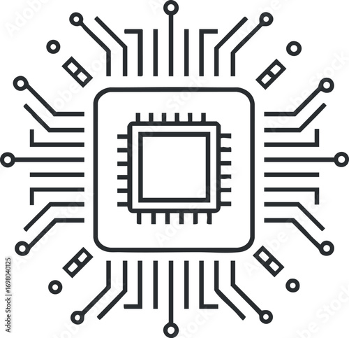 Abstract illustration of a microprocessor surrounded by circuit patterns representing technology and electronics. Black on transparent background.