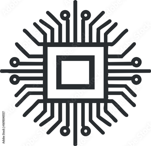 Abstract illustration of a microchip with intricate circuit patterns representing technology and innovation. Black on transparent background.