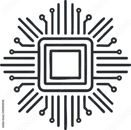 A stylized microchip design featuring circuit lines radiating outward, representing technology and innovation. Black on transparent background.