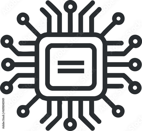 A minimalistic illustration of a microchip with interconnected circuitry representing technology and innovation. Black on transparent background.
