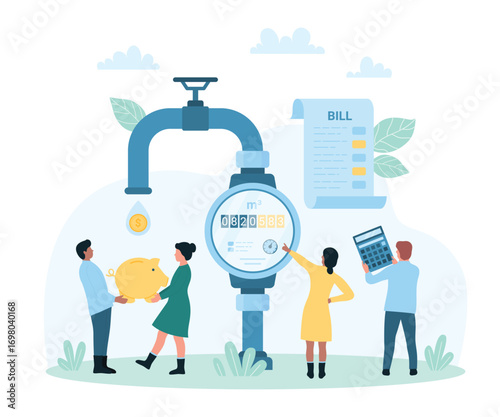 Water bill payment vector illustration. Cartoon tiny people check readings on dial of water meter to pay cash money, customers hold calculator and piggy bank to save money and nature resource