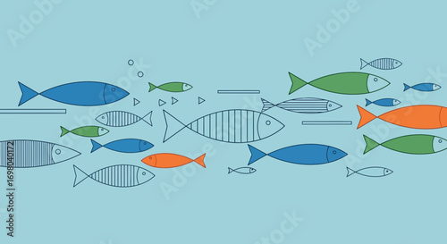 A graphic illustration of a school of colorful fish swimming in formation, symbolizing unity, leadership, and the journey towards a common goal