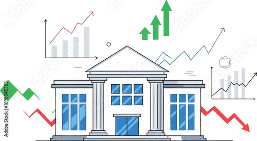 Financial Fortress: A stylized illustration of a stately building symbolizes the pillars of the financial world, framed by graphs representing market trends.