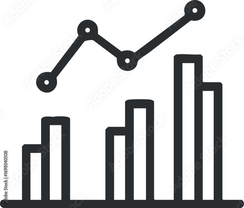 A simple illustration of a bar chart with a line graph showing data trends and analytics. Black on transparent background.