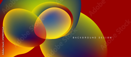 Abstract colorful shapes overlap. Vibrant gradients create dynamic visual effect. Red background complements design elements.
