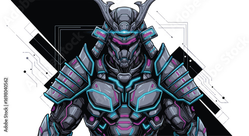 A futuristic female cyborg statue with a glowing sword and medieval armor