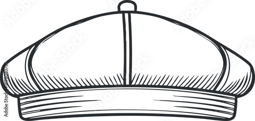 A detailed illustration of a classic beret hat showcasing its shape and design. Black on transparent background.