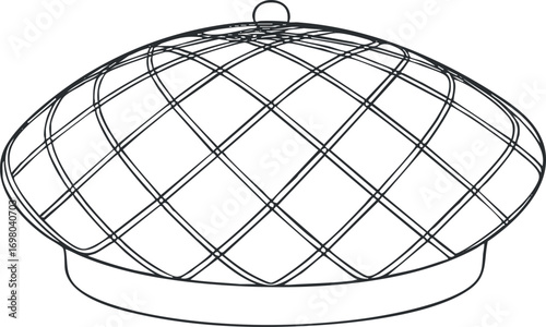 Outline illustration of a stylish beret hat showcasing its unique design and shape. Black on transparent background.