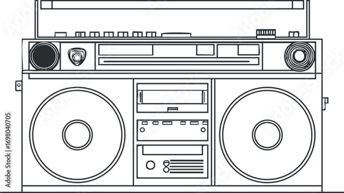 Illustration of a vintage boombox showcasing retro design and audio features in black and white. Black on transparent background.