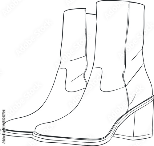 Stylish women's ankle boots with a modern design and elegant high heel in line art. Black on transparent background.