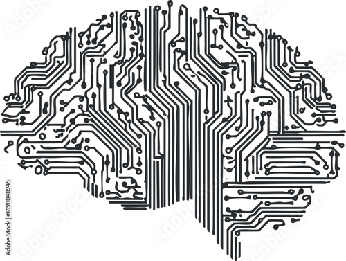 A creative illustration of a brain designed with intricate circuit patterns symbolizing technology and intelligence. Black on transparent background.