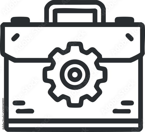 Illustration of a toolbox with a gear symbol representing tools and mechanical work. Black on transparent background.