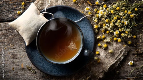 Flat Lay of Chamomile Tea with Dried Flowers