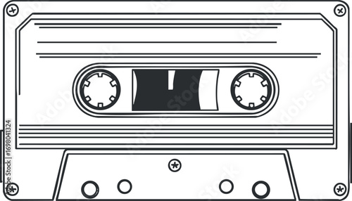 Illustration of a classic cassette tape in black and white showcasing retro audio technology Black on transparent background.