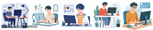 vector of young man using computer