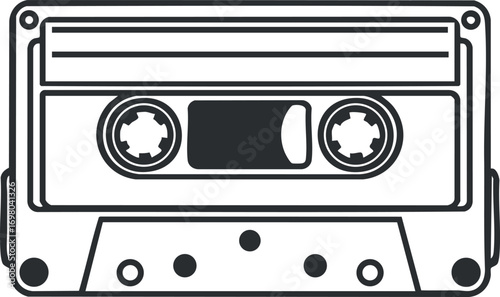 A vintage cassette tape illustration representing retro audio and music technology. Black on transparent background.