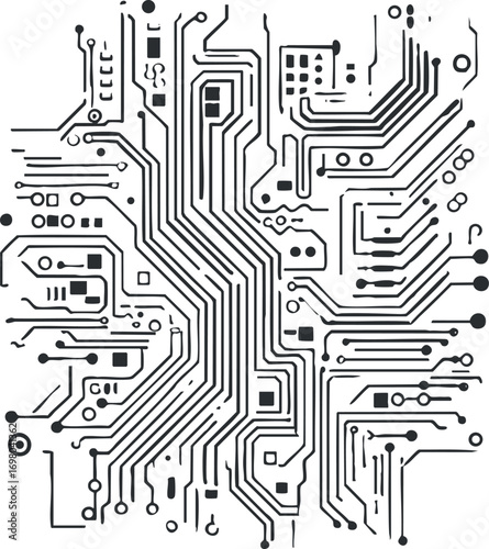 Abstract circuit board design showcasing intricate lines and patterns representing technology and innovation. Black on transparent background.