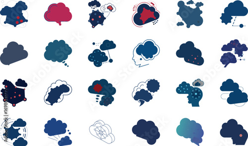 Human Head with AI, Neural Network, Robotics Arm, Cloud Computing, Machine Learning Chip, Data Analytics Dashboard, Chatbot, Digital Transformation, Futuristic Innovation, and Cyber Technology Illustr