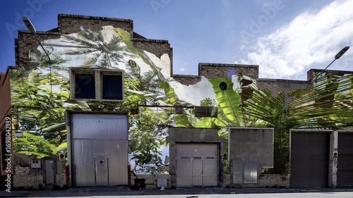 factory and industrial complex with paradise palm tree landscapes on wall
