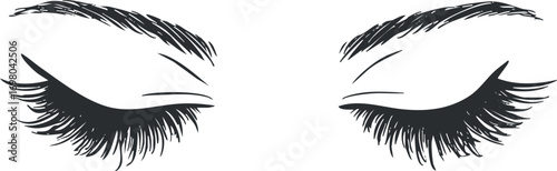 Illustration of elegant closed eyes with long eyelashes for beauty and makeup themes. Black on transparent background.