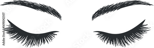 Stylized illustration of closed eyes with long eyelashes and perfectly shaped eyebrows. Black on transparent background.