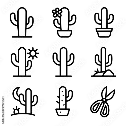 Cactus Icons Diverse Outline Set Featuring Flower Sun Moon and Scissors.