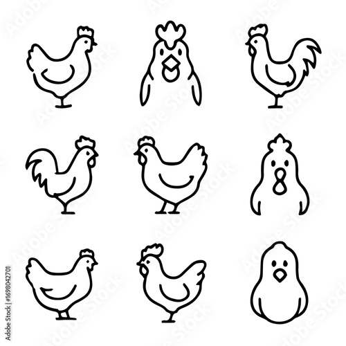 Chicken and Rooster Line Art Icons Farm Animal Outlines with Crests and Beaks.