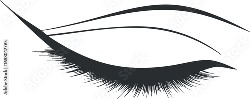 Stylized illustration of an elegant eye with long eyelashes and graceful curves. Black on transparent background.