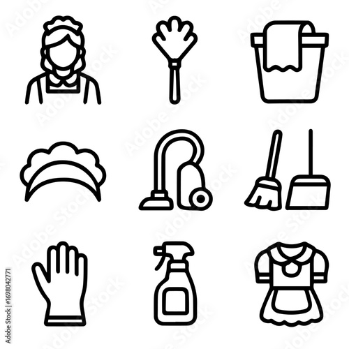 Cleaning Service Icons Maid Tools and Uniform.