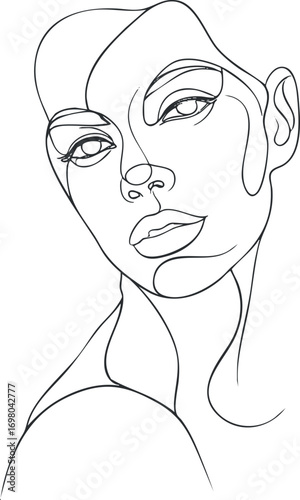 A minimalist line art portrait of a woman showcasing beauty and elegance in a modern style. Black on transparent background.