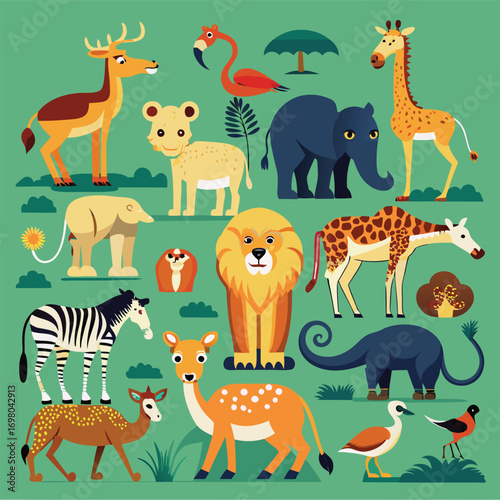 Colorful illustration of various African animals in a savanna setting.