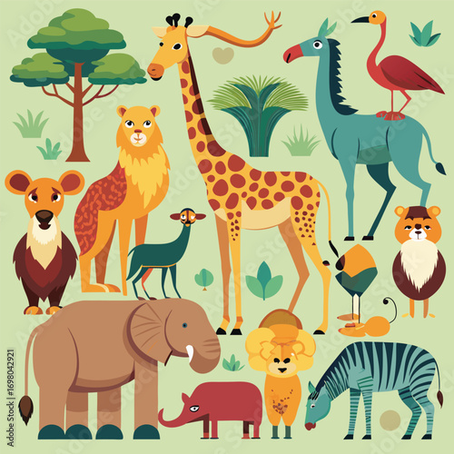 A vibrant collection of African animals in a stylized illustration.