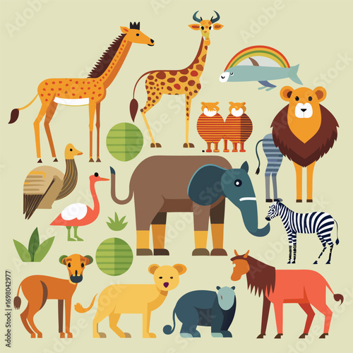 A colorful collection of stylized zoo and safari animals in a flat geometric vector illustration style.