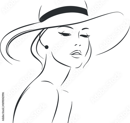 Stylish illustration of a woman wearing a large sun hat in a minimalist design. Black on transparent background.