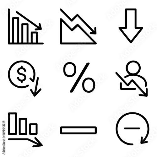 Collection of Black and White Downward Trend Icons Representing Financial Decline.