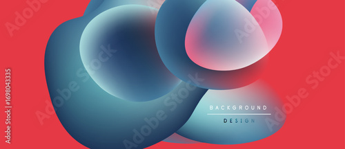 Abstract fluid shapes overlap, creating vibrant color gradients. Red background complements blue, pink hues. Modern design element.