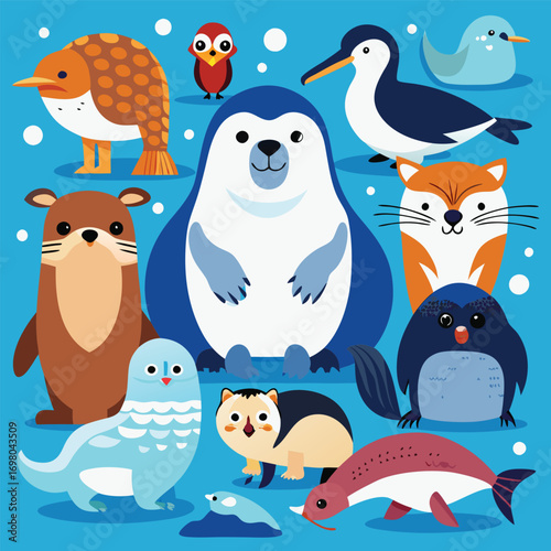 Cartoon illustration featuring a variety of arctic animals on a blue background.