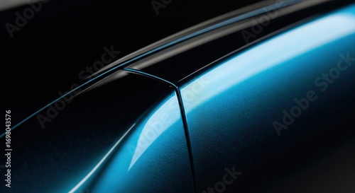 Abstract macro detail of the sleek body lines on a modern metallic dark blue luxury car