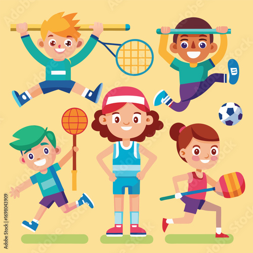 A vibrant cartoon illustration of diverse children happily engaged in various sports like tennis, soccer, and badminton on a yellow background.