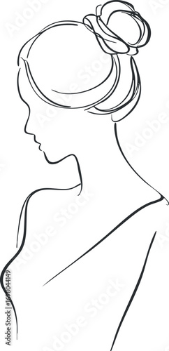 Elegant silhouette of a woman with a hair bun and floral accent in minimalist style. Black on transparent background.