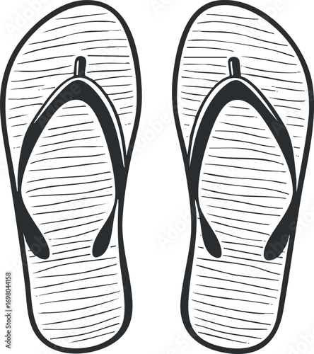 Illustration of a pair of flip-flops ideal for summer beach activities and casual wear Black on transparent background.