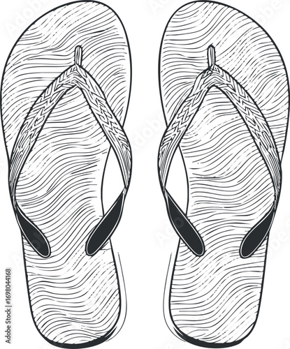 Illustration of a pair of stylish flip flops suitable for summer and beach wear. Black on transparent background.