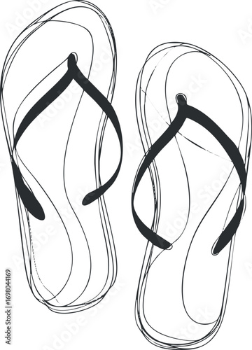 A minimalist line art illustration of a pair of black flip flops suitable for summer. Black on transparent background.