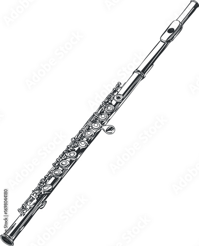 Illustration of a detailed flute showcasing its design and craftsmanship ideal for music-related themes. Black on transparent background.