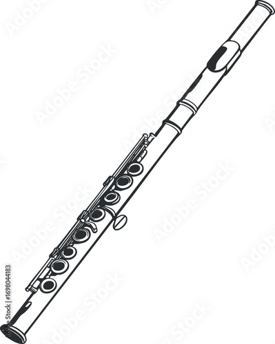 Illustration of a flute, a woodwind musical instrument used in orchestras and bands. Black on transparent background.
