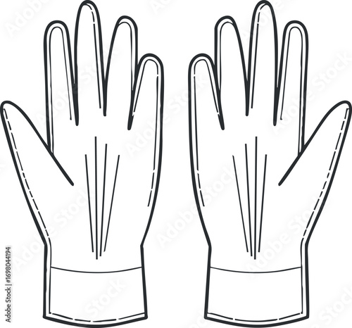 Illustration of two gloves showing detailed stitching and design suitable for various uses. Black on transparent background.